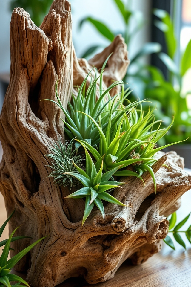 air plants on driftwood