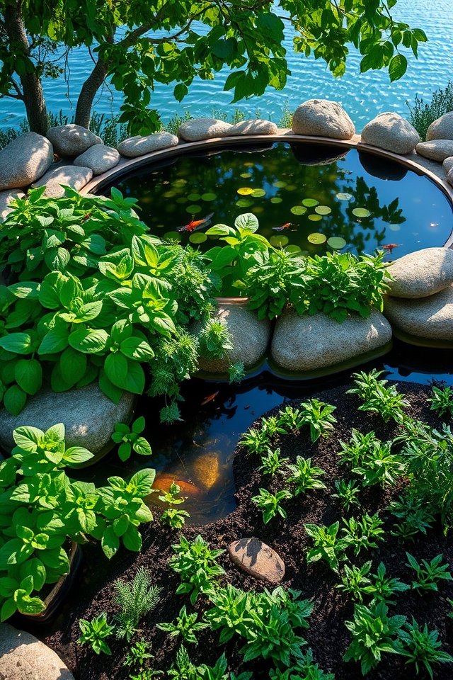 aromatic herbs surround pond