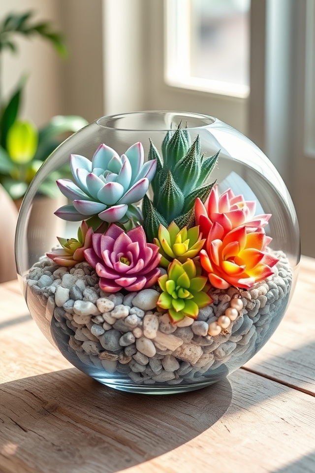 bright succulents in glass