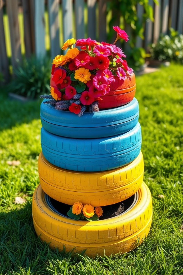 brightly painted tire planters