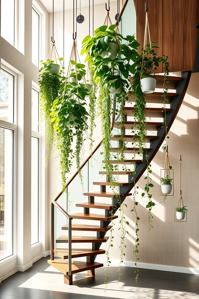 cascading hanging plants staircase