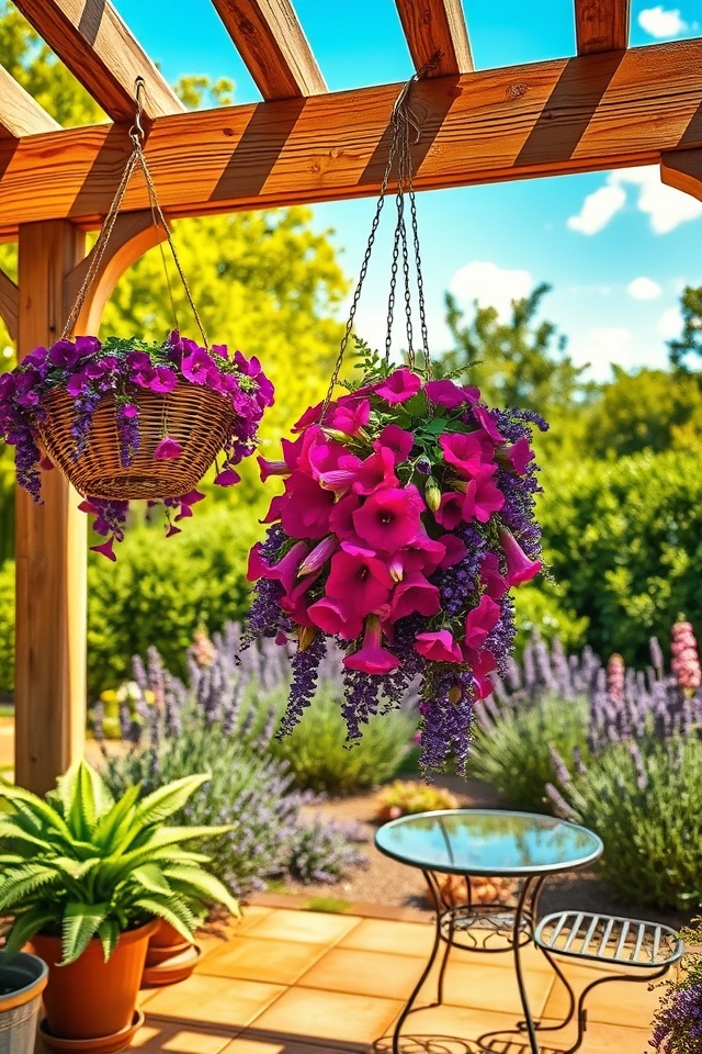 cascading vibrant flower baskets