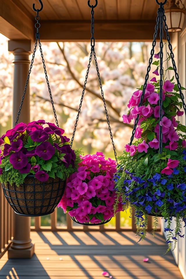 cascading vibrant flower baskets