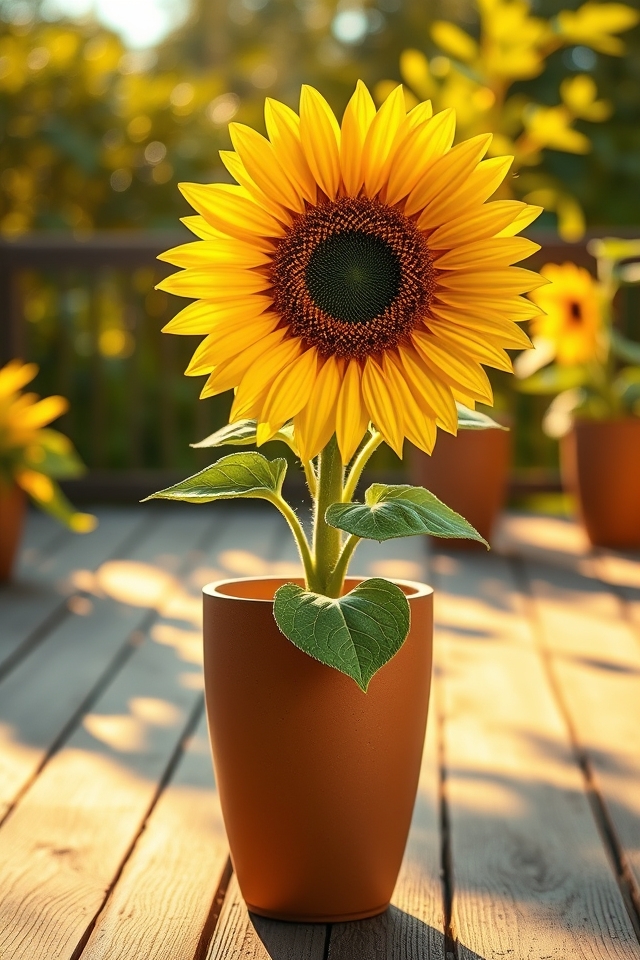cheerful sunflowers in tall pots