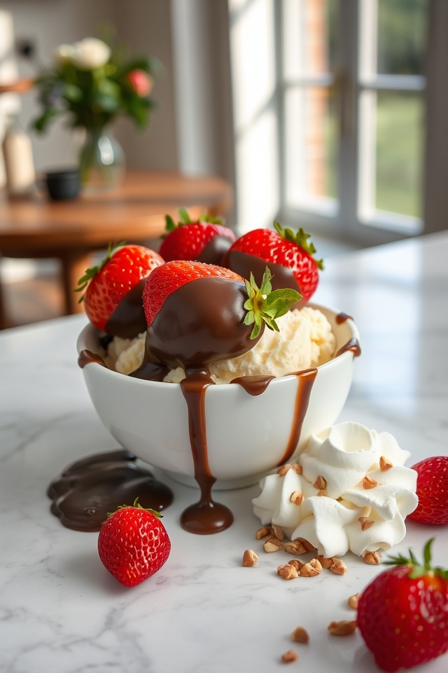 chocolate dipped strawberry sundae