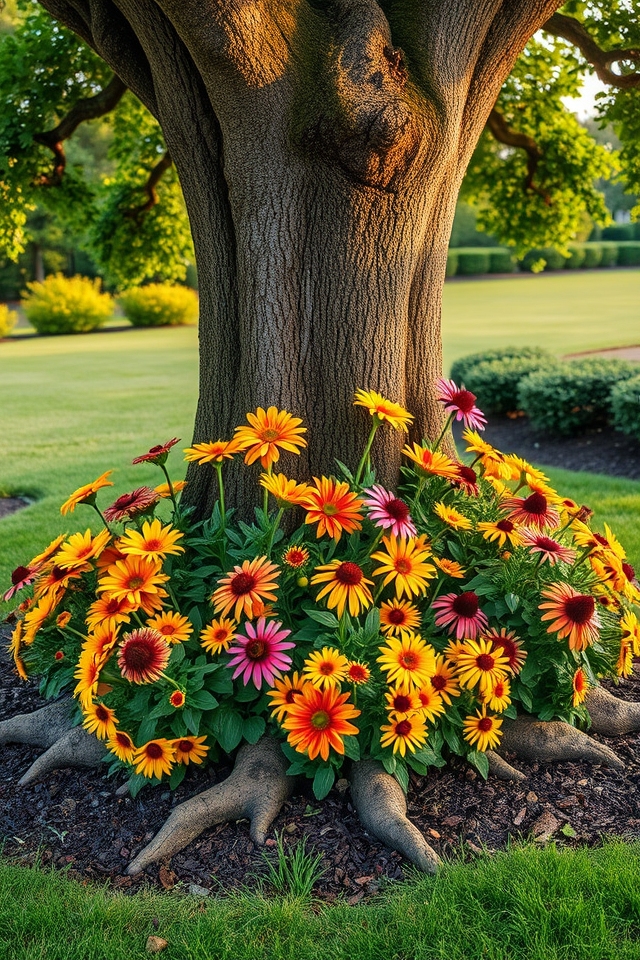 colorful perennials under trees