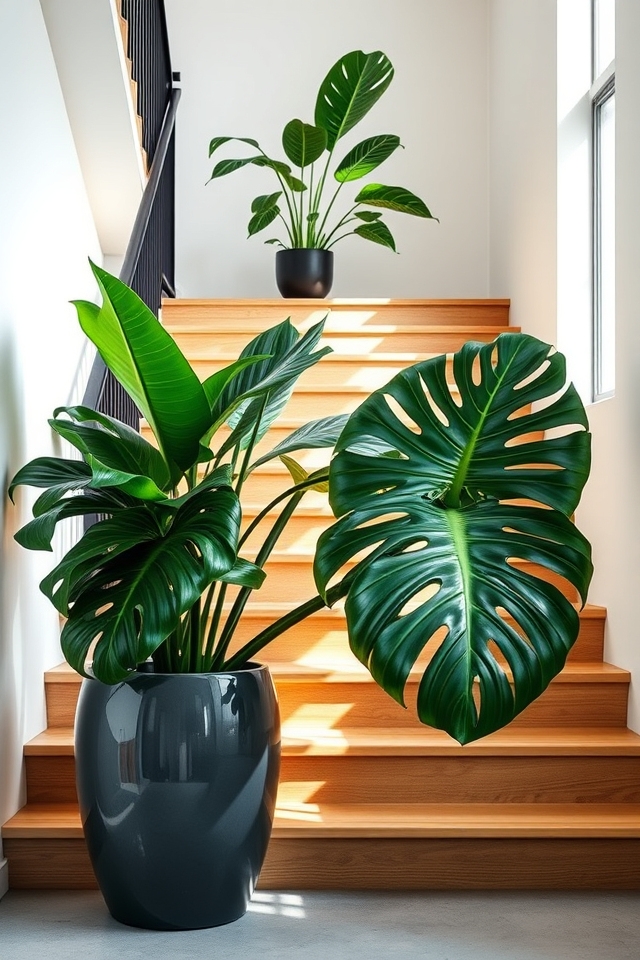 dramatic monstera stair accent