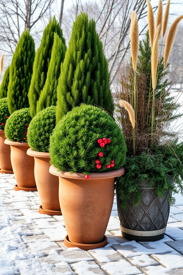 evergreen winter container arrangements