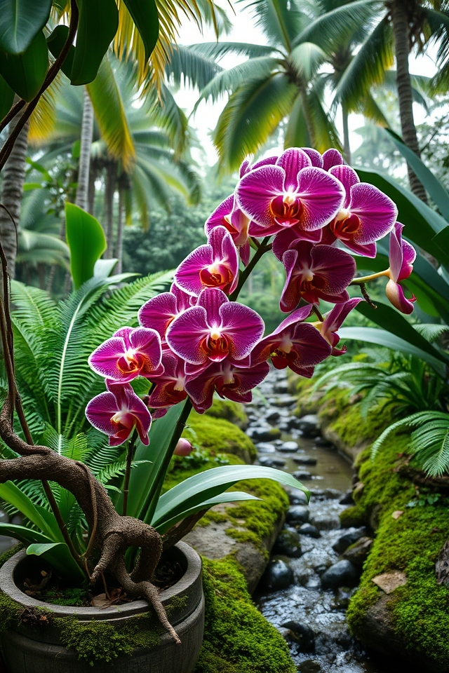 exotic orchids with ferns