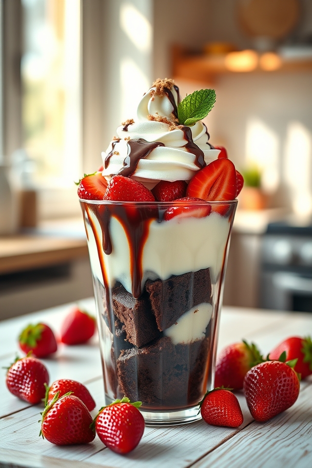 fudgy brownie strawberry sundae