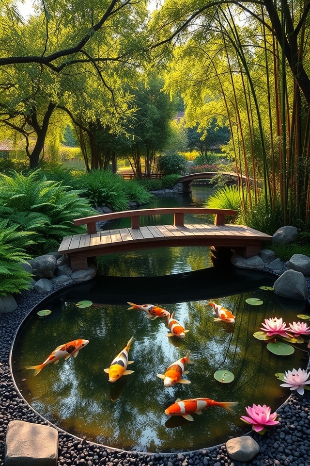 koi pond with bridge