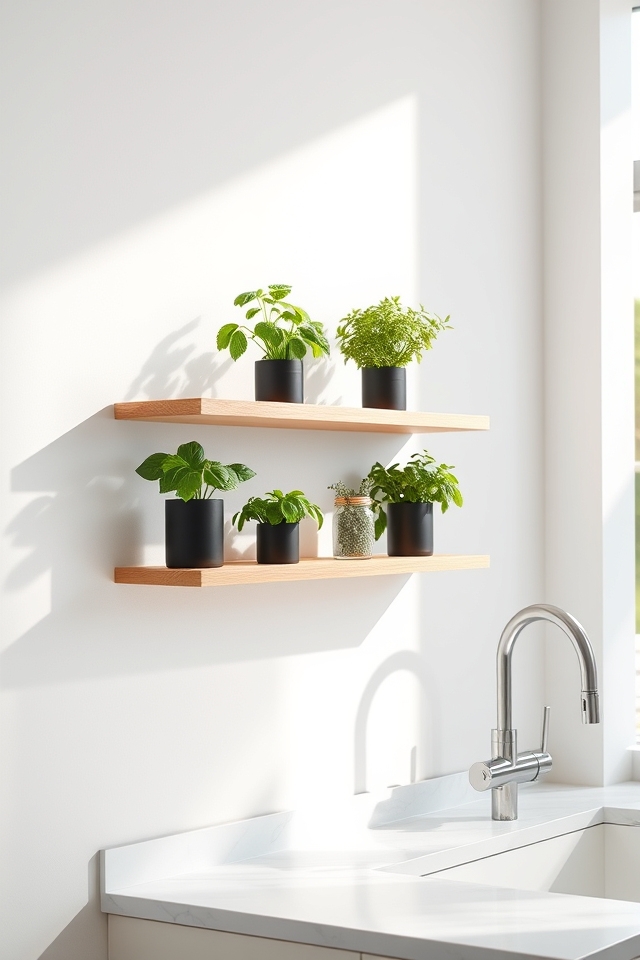 minimalist floating herb shelves