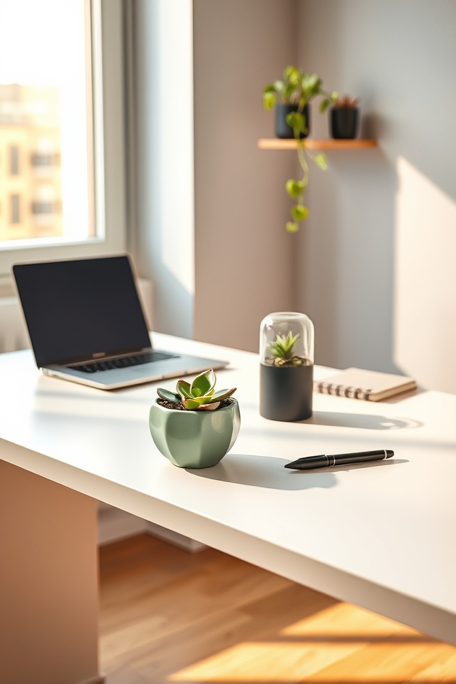 minimalist low maintenance desk greenery