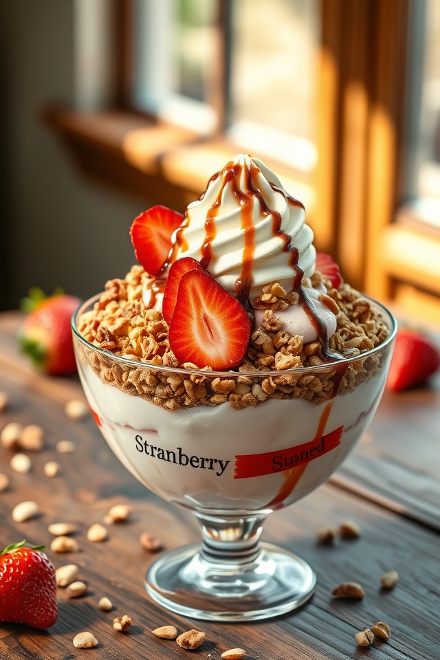 nutty strawberry crunch sundae