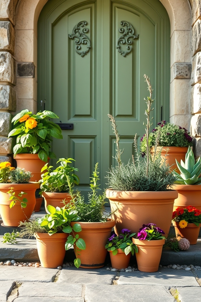 potted herbs at doorstep
