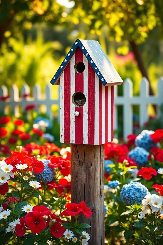 red white blue birdhouses