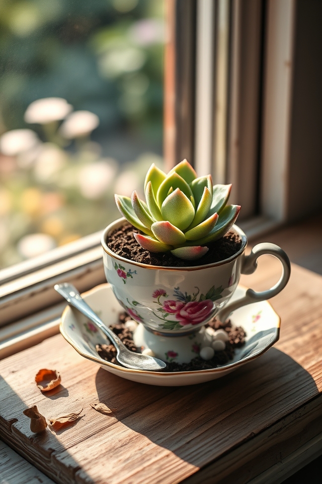 repurposed teacups for greenery