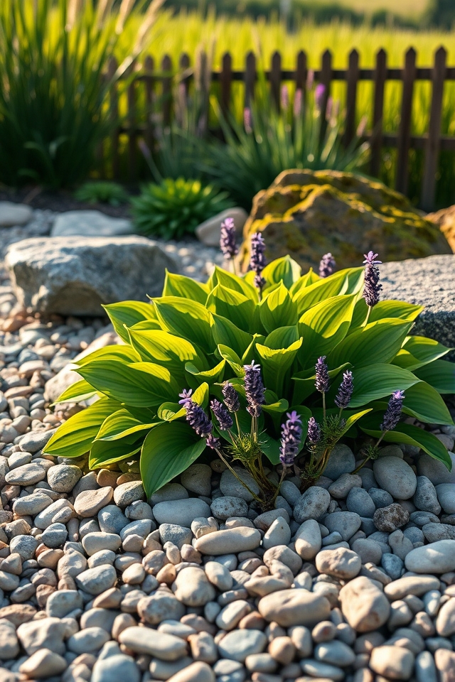 rock mulch highlights plants
