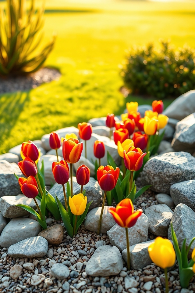 rocks enhance thriving tulips