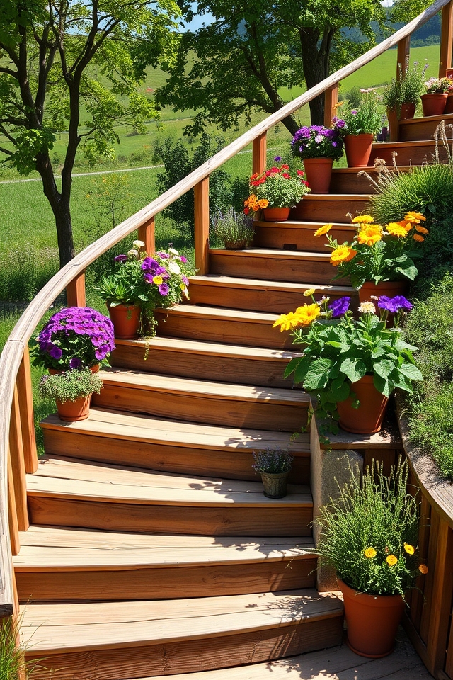 rustic staircases with planters