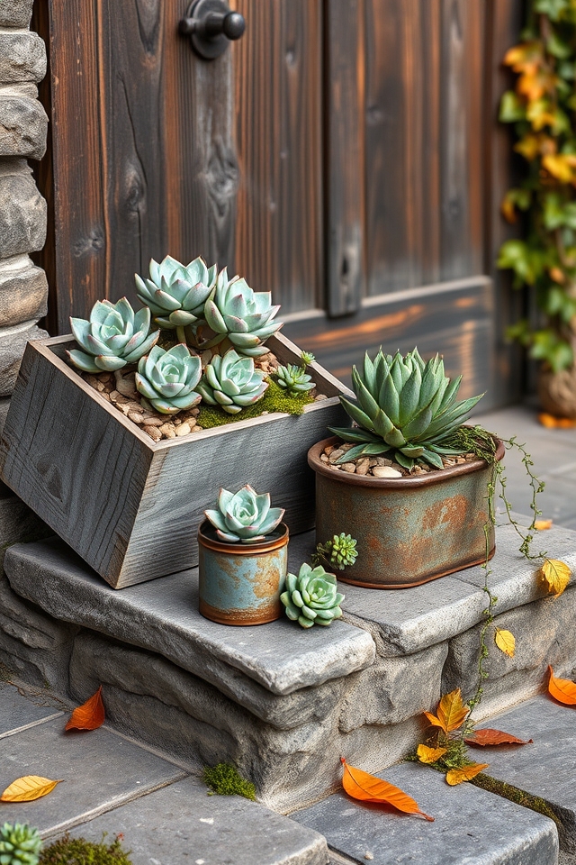 rustic succulents in containers