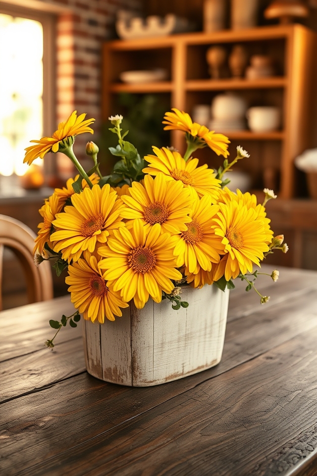 rustic yellow zinnia arrangement