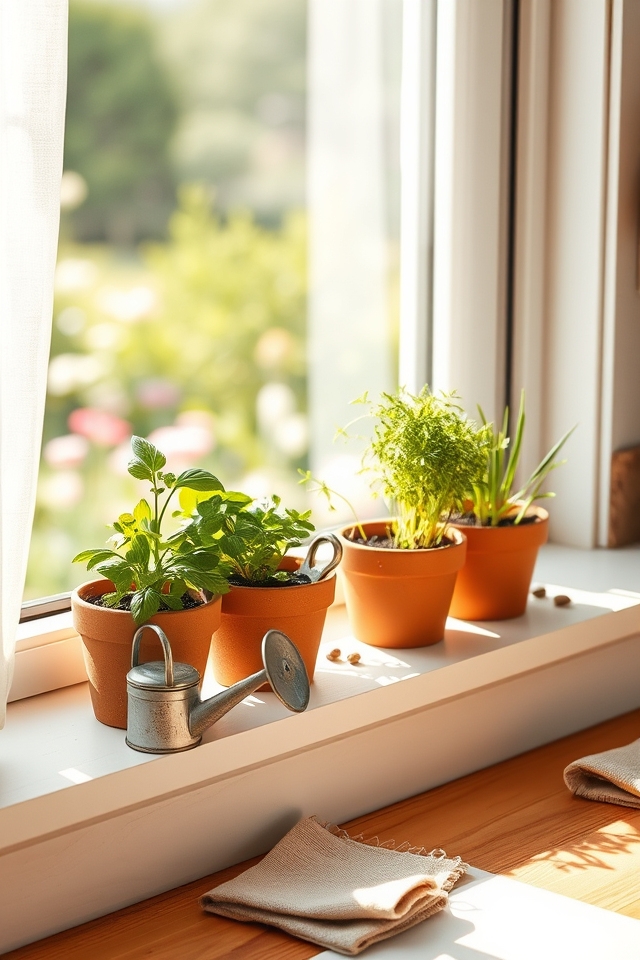 sunny windowsill herb pots