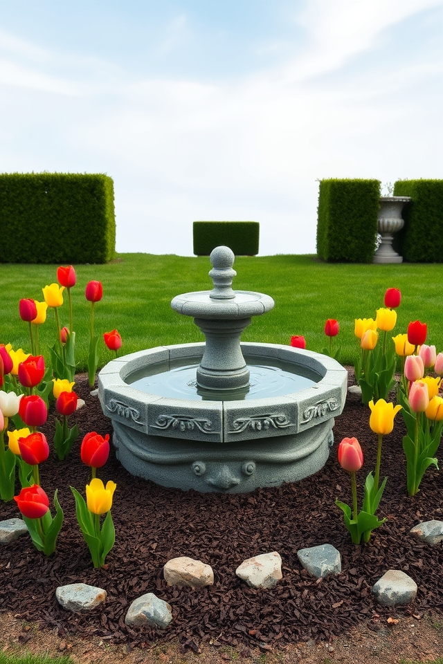 vibrant tulips encircle fountain