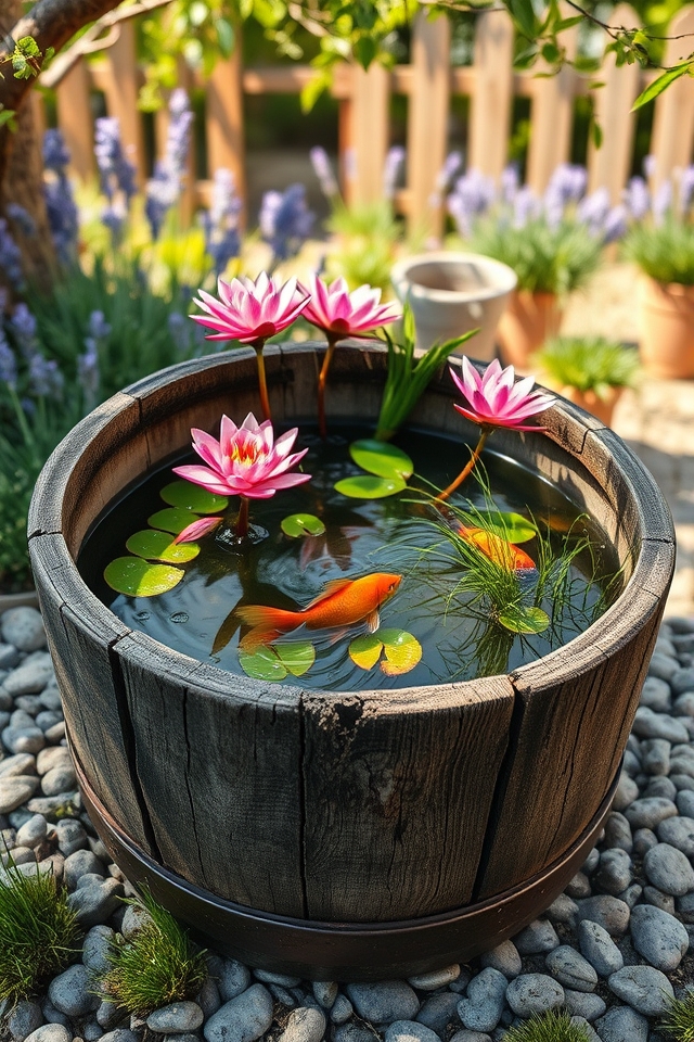 weathered wooden barrel pond
