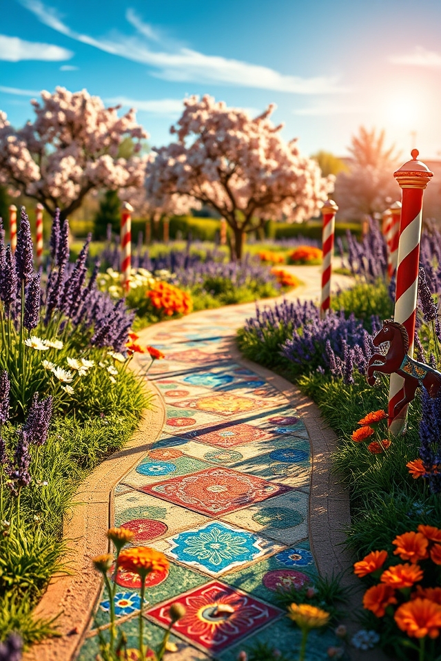 whimsical carousel mosaic pathway