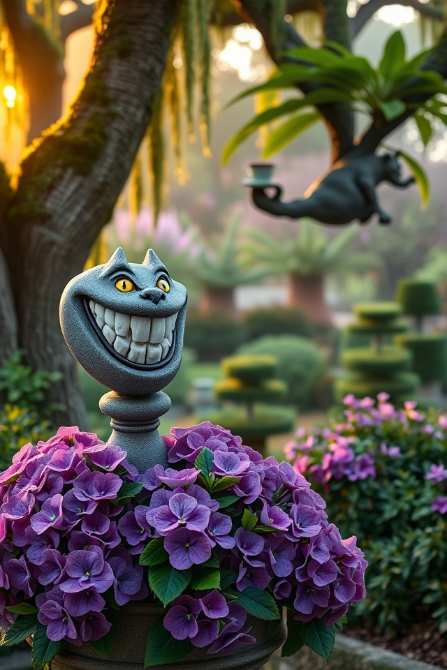 whimsical cheshire grin statues