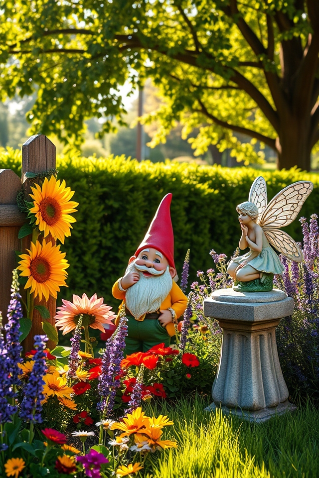 whimsical statues enhance gardens